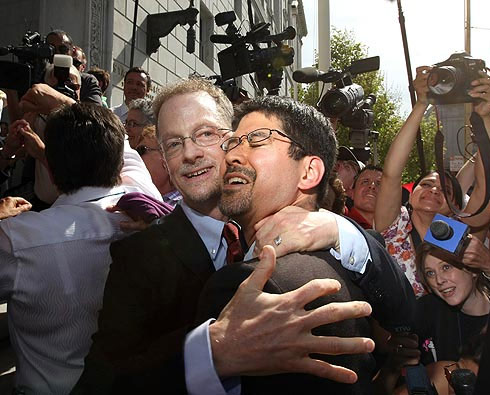 Jubilant citizens cheer the California Supreme Court’s ruling on gay marriage.